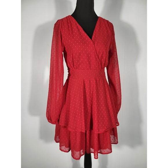 Japna Red Swiss Dot Dress Long Sleeve Ruffle Tiered Mini Dress - Picture 7 of 8